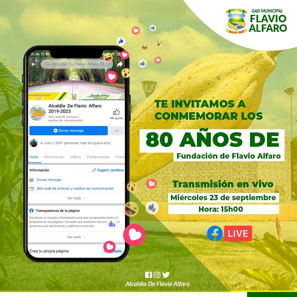 Hoy celebramos 80 años de Fundación, tierra fértil de gente noble, altruista, laboriosa y sencilla. Tierra cautivante, rica en diversidad con paisajes hermosos que  hacen de este cantón inolvidable. 💛💚🤍❤️