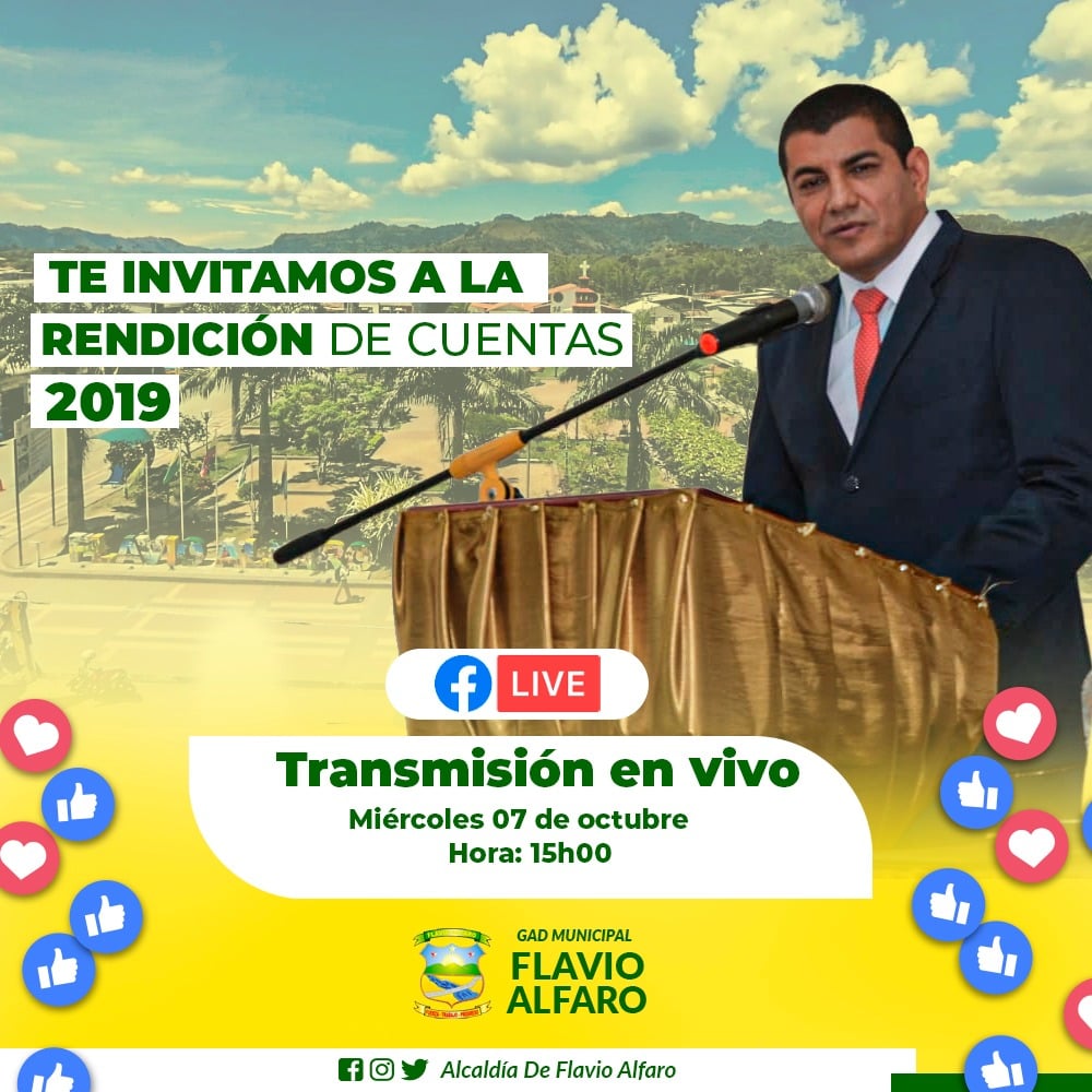 Invitamos a la ciudadanía al informe virtual de Rendición de Cuentas 2019 del Gobierno Autónomo Descentralizado Municipal del cantón Flavio Alfaro.